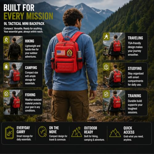 9L Mini Tactical Backpack, Small Hiking Travel Pack for Men,Red - color: Red