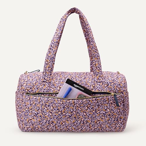 Amazon Essentials Women's Quilted Weekender Duffel Gym Bag with Trolley Sleeve, Navy Paisley, One Size - color: Navy Paisley