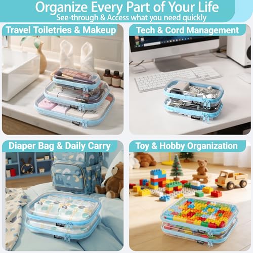 YQBRAO Clear Hard Shell Zipper Cases, 6 Multi-Size Organizers, Blue - color: Blue, size: 6 Pack (2L+2M+2S)