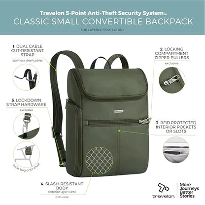 Travelon Anti-Theft Classic Small Convertible Backpack - color: Green