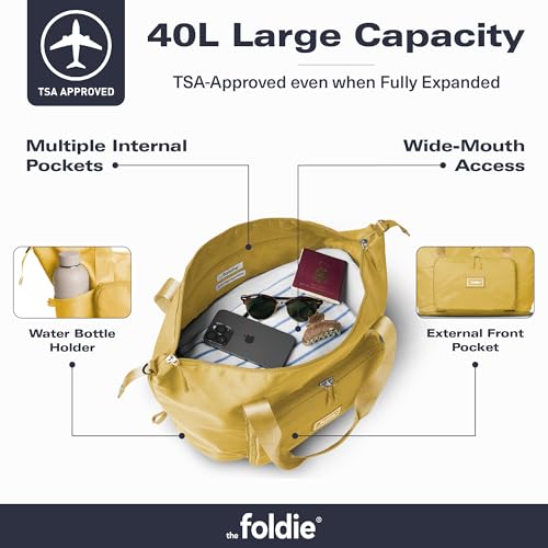 The Foldie Foldable Travel Bag for Women - 40L Weekender Bag with Multiple Pockets - Carry On Expendable Travel Bag - color: Yellow
