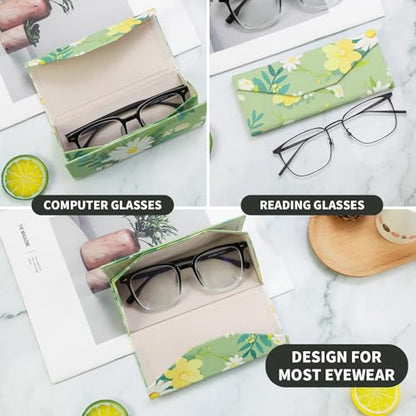 Foldable Glasses Case, Magnetic PU Leahter Sunglasses Case, Cute Hard Shell Folding Eyeglass Cases for Women Kids - color: Green Daisy