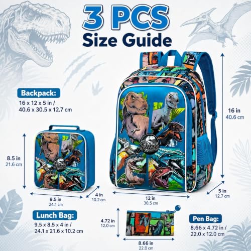CCJPX 3Pcs Backpack for Boys, 16 Inch Preschool Elementary Kindergarten School Backpacks and Lunch Box - color: Aa1-dinosaur Blue