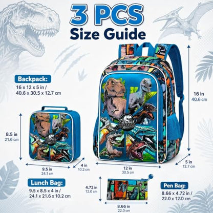 CCJPX 3Pcs Backpack for Boys, 16 Inch Preschool Elementary Kindergarten School Backpacks and Lunch Box - color: Aa1-dinosaur Blue