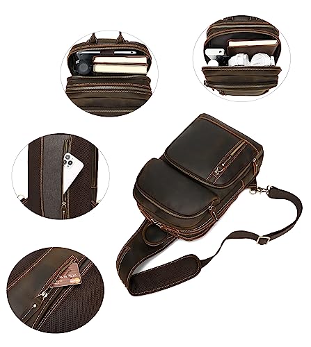 LANNSYNE Full Grain Leather Sling Bag For Men, Crossbody Bag fits 12.9" iPad Crossbody Chest Daypack - color: Brown