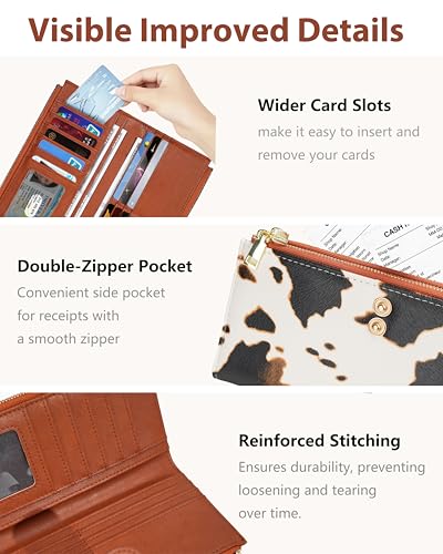 Cow Women's Slim Wallet,Thin RFID Card Holder with Zipper Pocket - color: Brown Cow, size: Bifold