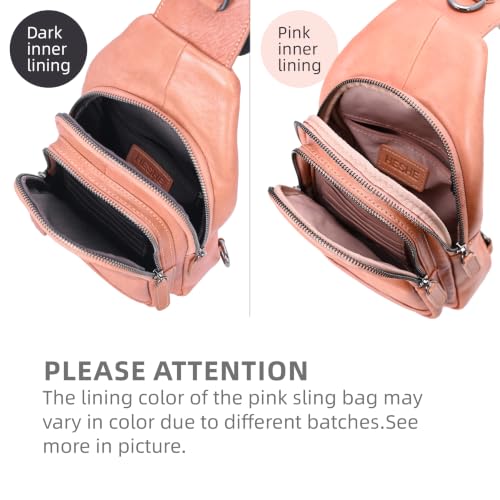 HESHE Leather Sling Bag for Women RFID Crossbody Purse Fanny Pack Chest Bag - color: Pink