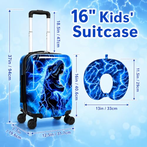 UFNDC Lightweight Hardshell Spinner Luggage Set for Kids 2PCS with Wheels - Airplane Approved Carry-On Suitcase for Boys Ages 3-10, Lightning Dinosaur Rolling Suitcases for Elementary Toddler Travel - color: Blue Lightning Dinosaur Luggage 2PCS Set
