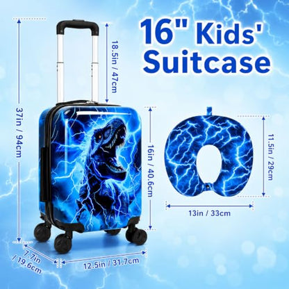 UFNDC Lightweight Hardshell Spinner Luggage Set for Kids 2PCS with Wheels - Airplane Approved Carry-On Suitcase for Boys Ages 3-10, Lightning Dinosaur Rolling Suitcases for Elementary Toddler Travel - color: Blue Lightning Dinosaur Luggage 2PCS Set