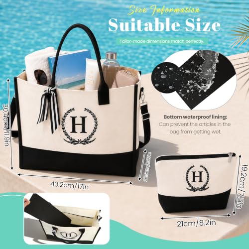 Embroidered Floral Monogram Canvas Tote with Zipper Pockets Gift for Her - color: H