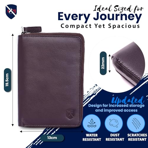 ALLEN & MATE Leather Passport Holder for Travel, RFID Zip Travel Wallet - color: Brown