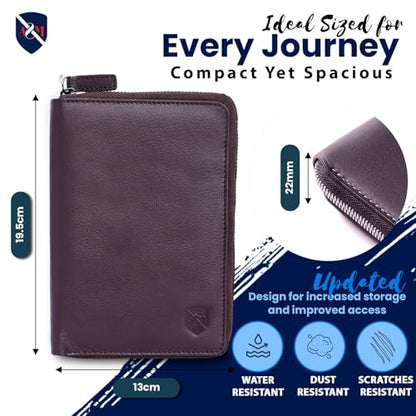 ALLEN & MATE Leather Passport Holder for Travel, RFID Zip Travel Wallet - color: Brown