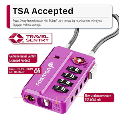 Fosmon TSA Approved Luggage Locks, 4 Digit Combination Cable Travel Lock for Suitcase & Backpack, Heavy Duty Metal Body Padlock with Open Alert Indicator (Purple, 2 Pack) - color: Purple 2 pack