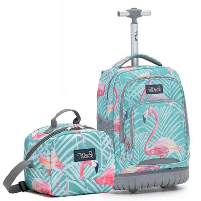 NEW TILAMI 18 Inch Rolling Backpack with Lunch Bag for Girls Boys School - color: Flamingo