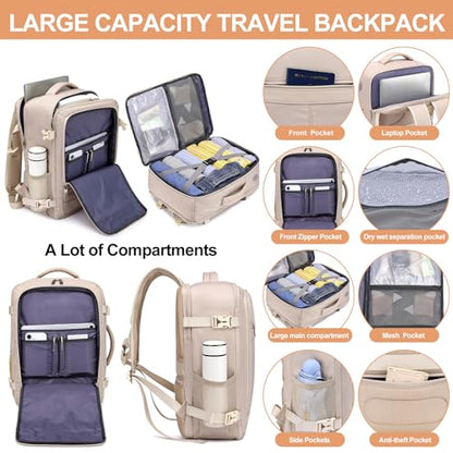 EZUOLA Travel Backpack for Women, Carry On Backpack Flight Approved - color: Light-beige, size: Large-25L