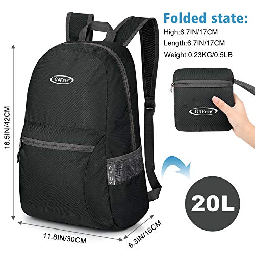 G4Free 20L Lightweight Packable Backpack Travel Hiking Daypack Foldable Backpack for Men Women - color: Black Update, size: 20L