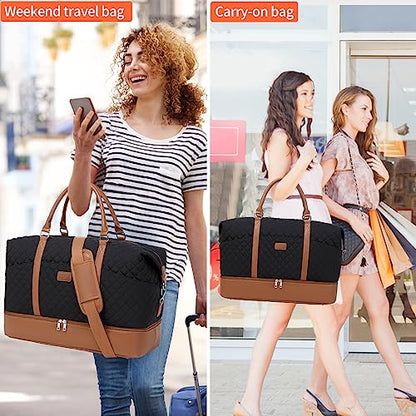 Weekender Bag, Large Travel Duffel Bag for Women, Carry on Overnight Bag with Shoe Compartment and Toiletry Bags - color: Black