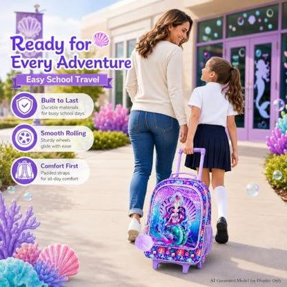 gxtvo Kids Rolling Backpack, Roller Wheels Boys Bookbag, Wheeled Suitcase Elementary School Bag-3PCS Dinosaur/Unicorn/Mermaid - color: Sequins Mermaid Rolling Backpack Purple