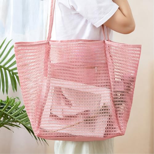 Large Beach Bags for Women, Mesh Beach Tote with Zipper, Foldable Pool Tote Bag Travel Beachbag Waterproof Sandproof - color: Pink
