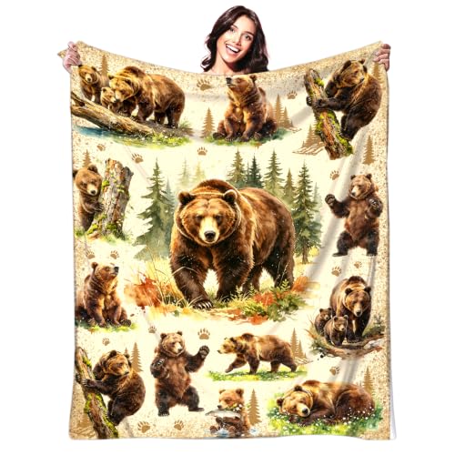 Bear Blanket Gifts Flannel Cabin Bear Throw Blanket Decor Merch 50"x40" - color: Brown Bear