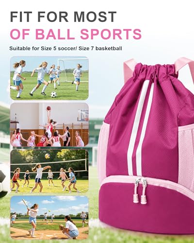 JELUTAR Soccer Bag, Drawstring Soccer Backpack with Shoe Compartment - color: Rose Pink, size: Large