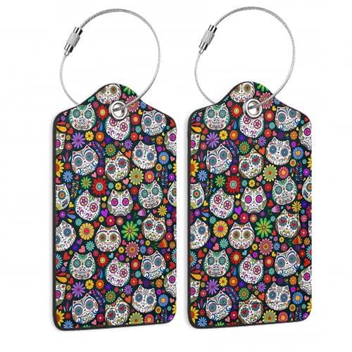 Halloween Sugar Skull Cat 2 Pack Luggage Tag for Suitcases Day of the Dead PU Leather Bag Travel Suitcase ID Identifier Baggage Tags for Women Men Travel - color: Sugar Skull Cat Day of the Dead