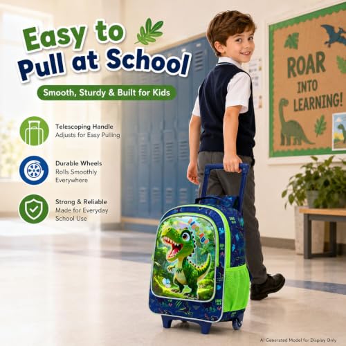 KLFVB Rolling Backpack for Girls Boys, Kids Roller Wheels School Bookbag with Lunch Bag, Wheeled School Bag for Children - color: Uv Priting Cute Dinosaur Rolling Backpack Set