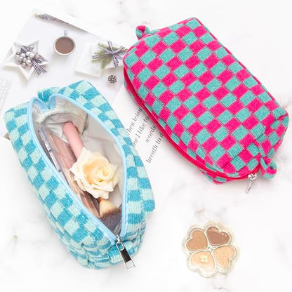 Checkered Makeup Bag for Purse, Small Travel Cosmetic Pouch,Lake Blue - color: Lake Blue