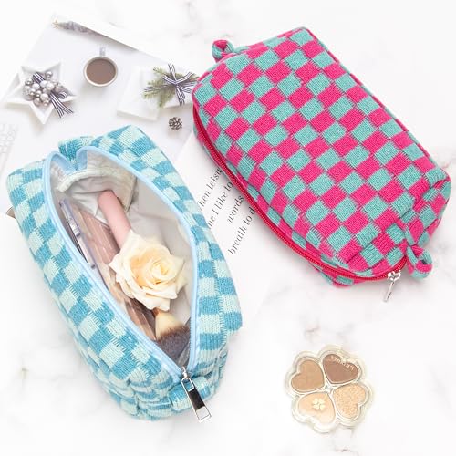 Checkered Makeup Bag for Purse, Small Travel Cosmetic Pouch,Lake Blue - color: Lake Blue
