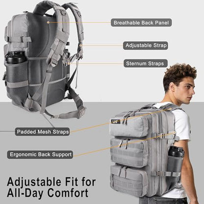 LHI Military Tactical Backpack for Men and Women 50L Army 3 Days Assault Pack Bag Large Rucksack with Shoe Compartment - Grey - color: Grey