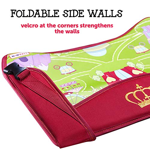 Coolmum 2-in-1 Kids Toddler Travel Tray & Back Seat Organizer — Foldable Waterproof Car Tray with Tablet Holder, Cup Holder, Storage Pockets for Road Trips & Airplane (Premium Red) - color: Premium Red