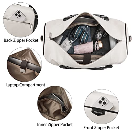 BOSTANTEN Weekender Bags for Women Leather Duffle Large Travel Bag Carry On Duffel with Shoe Compartment - color: White & Black