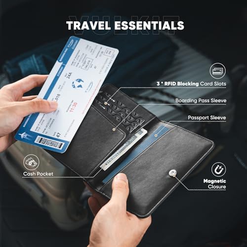 VULKIT Passport Holder Magnetic Closure RFID Blocking Travel Wallet Passport Book Cover Boarding Pass Holder Travel Essentials - color: Black