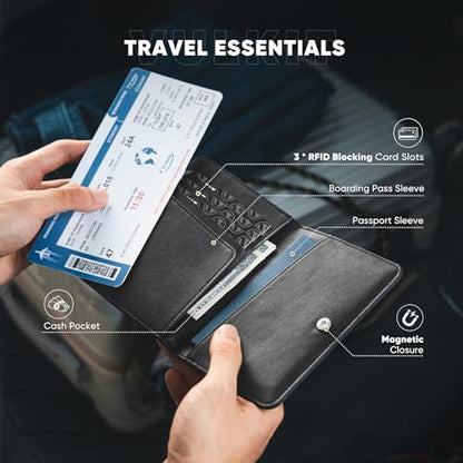 VULKIT Passport Holder Magnetic Closure RFID Blocking Travel Wallet Passport Book Cover Boarding Pass Holder Travel Essentials - color: Black