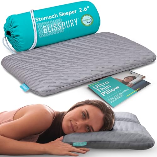 BLISSBURY Stomach Sleeper Pillow, Flat Thin Pillow, Memory Foam, 2.6 Inch - color: Gray, size: 2.6"H (Queen)