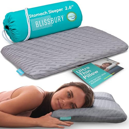 BLISSBURY Stomach Sleeper Pillow, Flat Thin Pillow, Memory Foam, 2.6 Inch - color: Gray, size: 2.6"H (Queen)