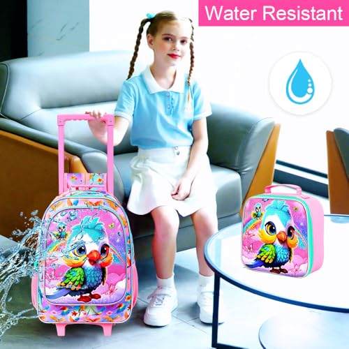 WZLVO 4PCS Rolling Backpack for Girls, Kids Roller School Bookbag with Lunch Bag, Water Resistant Wheeled Backpacks for Teens Elementary Trave - color: Pink Parrot