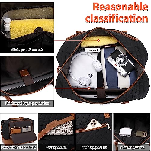 Weekender Bag, Large Travel Duffel Bag for Women, Carry on Overnight Bag with Shoe Compartment and Toiletry Bags - color: Black-Brown