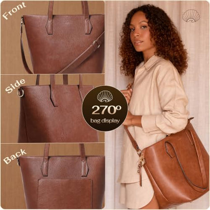 Women’s 16” Laptop Tote Bag, Vegan Leather Work Bag with Cupholder, RFID & Anti-Pickpocket Trolley Sleeve - color: Dark Brown