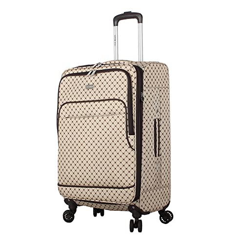 Steve Madden Designer Luggage Collection - Lightweight 24 Inch Expandable Softside Suitcase - Mid-size Rolling 4-Spinner Wheels Checked Bag (Noble Brown/Tan, 24in) - color: Noble Brown/Tan, size: 24 Inches