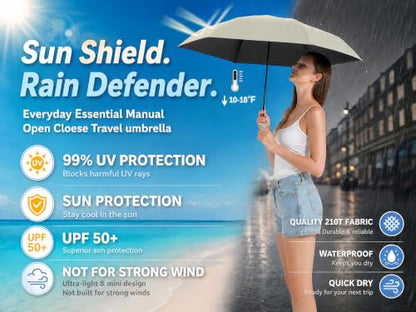 BAODINI Mini Travel Umbrella with UV Sun Protection, Compact Pocket-Size - color: 2 Pack Beige & Black