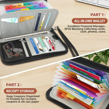 13 Pockets Receipt Coupon Organizer with Card Holder, Mini Expandable Ticket Storage & Card Case with Labels,Check/Bill/Invoice/Cash Sorter Wallet,for Home, Purse