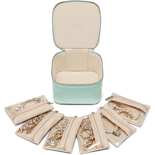 VLANDO Jewelry Box with 6 Clear Velvet Zipper Pouches,Lake Blue - color: E.6 PCS Lake Blue