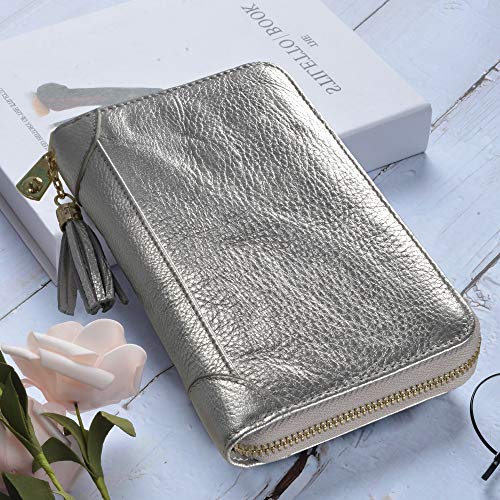 Easyoulife Credit Card Holder Wallet Womens Zipper Leather Case Purse RFID Blocking - color: Silver