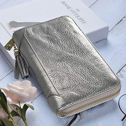 Easyoulife Credit Card Holder Wallet Womens Zipper Leather Case Purse RFID Blocking - color: Silver