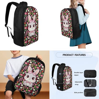 Rabbit Flowers Backpack for School, Girls School Bags with Water Bottle Carrier Lunch Boxes Pencil Cases for Kids Student Bag Daypack Set 4 in 1 - color: Rabbit Flowers