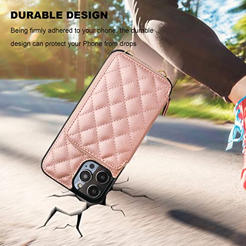 Bocasal Crossbody Wallet Case Card Holder for iPhone 14 Pro Max Rose Gold - color: Rose Gold