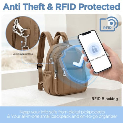 Mini Backpack for Women, Anti Theft RFID Small Travel Backpack - color: Coffee Brown