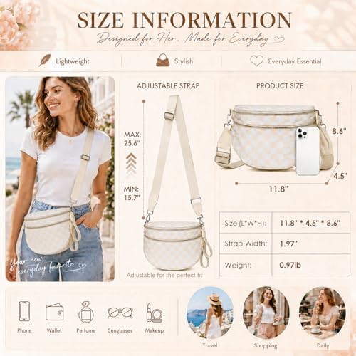 Spacious RFID Checkered Crossbody Bag Nylon Bum Bag for Women Travel Purse - color: Beige Checkered