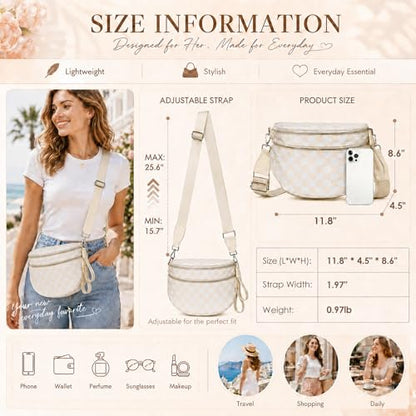 Spacious RFID Checkered Crossbody Bag Nylon Bum Bag for Women Travel Purse - color: Beige Checkered